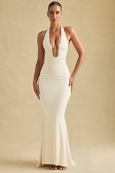 Ruched Backless Halterneck Gown in Ivory